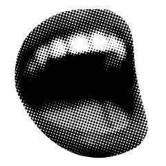 Retro halftone mouth. Modern collage. Wide open lips of singing woman. Pop art dotted style. Screaming mouth. Trendy newspaper parts. Lips with halftone texture. Paper cutout element. Y2K style