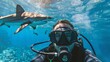 Scuba diver with shark overhead. Underwater adventure with marine life. Wildlife and ocean exploration concept for design and print