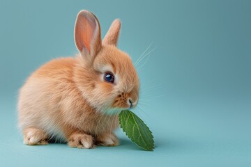 Rabbit Eating Leaf on Blue Background