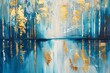 Abstract acrylic oil painting of birch forest landscape with gold details and lake reflections, modern art