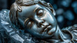 A statue of a melancholic child peacefully sleeping on a clear crystal pillow. illustration Generative AI