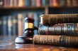 Gavel and Legal Books in Courtroom, Symbol of Justice and Law, Conceptual Still Life Photography