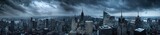 Fototapeta  - panoramic photo of an ominous city skyline, dark storm clouds overhead, skyscrapers towering over the urban landscape. AI generated illustration