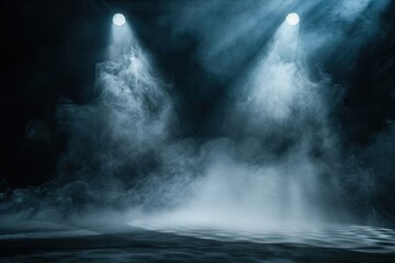 Wall Mural - Spot light interior. Realistic directed light streams, illuminated fog, theatre scene or concert club searchlights beams, cold temperature rays. AI generated illustration