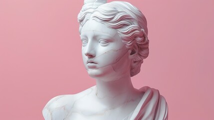 Female marble statue made of white marble, isolated pink background