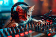 Cat dj with professional headset using a professional music mixing board. Dj cat playing with a dj mixer in the club. Generative Ai.