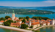 Tihany, Hungary - Aerial panoramic view of the famous Benedictine Monastery of Tihany (Tihany Abbey) with beautiful coloruful Lake Balaton at background 