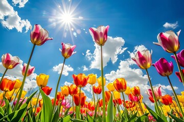 Wall Mural - Panoramic view of colorful tulip fields under sunny spring sky, nature landscape