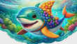 OIL PAINTING STYLE CARTOON CHARACTER CUTE baby a big shark swimming in the deep blue water