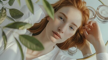 Wall Mural - Beauty portrait of ginger woman with long hair lying on mirror table with body cream and green leaf over grey background