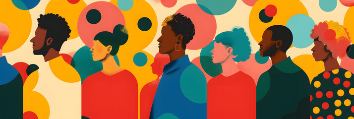 Wall Mural - An illustration of diverse people in an abstract patterned background with large circles and polka dots in bright colors like reds
