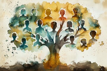 Watercolor Illustration of a Diverse Family Tree with Silhouettes, Digital Art