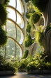 Shaped interior of city building, futuristic design with green plants, modern urban house in summer. Concept of nature, greenery, eco, vertical forest and future