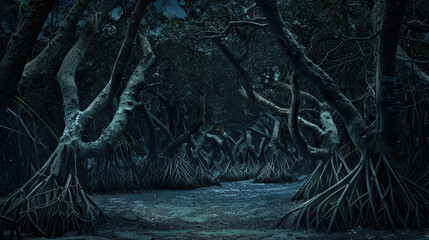 Wall Mural - Spooky dark tropical forest at night, scary woods with strange mangrove trees, gloomy fairy tale jungle. Concept of fantasy, surreal nature, horror,