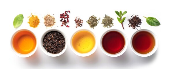 Six white ceramic cups on white background, each with a different tea green, black, oolong, herbal, fruit, and milk. Brightly colored, with tea leaves and brewed cups.