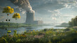 photorealistic landscape with nuclear power plant