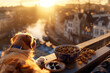 A serene morning scene with a dog enjoying its breakfast on a balcony overlooking a tranquil cityscape at sunrise, with a bowl of high-protein, low-fat dog food and a side of blueberries, 