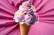 ice cream in a waffle cone on a pink background. Ice cream Explosion
