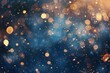 Shimmering gold particles floating in a deep blue night sky, magical Christmas lights bokeh background, abstract