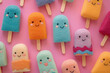 adorable wool felt popsicles with blushing cheeks on pink background
