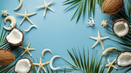 Summer accessories with starfishes and coconuts on blue background - generative ai