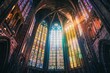  Colorful stained glass window in Gothic cathedral, medieval arches, mosaic frames, architecture