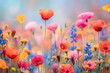 Spring meadow with multi-colored field flowers. Vibrant colours, blooming flowers