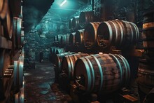 Oak Wine Barrels Stacked In Old Dark Cellar, Cognac Whiskey Aging Warehouse, Winemaking