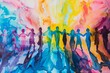 Vibrant watercolor painting celebrating diversity and teamwork, businesspeople united in maintaining peace on the planet