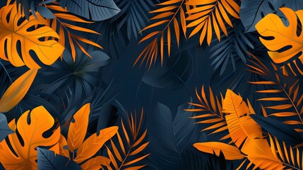 Naklejka na meble Summer background with tropical leaves and plants in orange, yellow and deep blue colors. Modern minimalist style. Design template for sale, horizontal poster, header, cover, social media, fashion ads