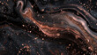 An image showcasing a liquid abstract marble painting background, where a rich, matte black base is beautifully contrasted with fine rose gold glitter