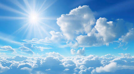 Closeup of cloudy sky with white clouds in blue heaven with shining sun