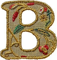 Wall Mural - Intricate golden brown stitched embroidery patch of letter 'B' cut out on transparent background