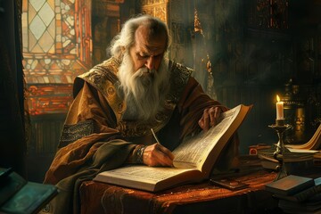 Wall Mural - Ancient Prophet Studying Holy Scriptures and Receiving Divine Revelation, Religious Illustration