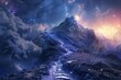 Ethereal mountain path illuminated by celestial light, spiritual journey illustration