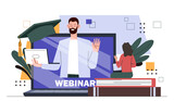 Fototapeta Londyn - Educational webinar digital. Man with laptop at screen of gadget. Remote learning and training, education. Courses and master class, lecture on internet. Cartoon flat vector illustration