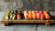 Sushi platter, assorted nigiri and maki rolls, fresh salmon, tuna, avocado, rice wrapped in seaweed, wasabi and pickled ginger on the side.