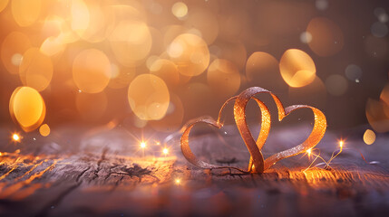 A delicate ribbon in the shape of two hearts is elegantly folded on an old wooden table