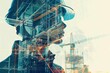 © Lucija - Futuristic digital illustration of building construction and engineering, with double exposure of architects and workers, industry concept