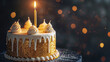 A glittering gold birthday cake with sophisticated white icing details and a single golden candle, set against a dark, moody background for contrast.
