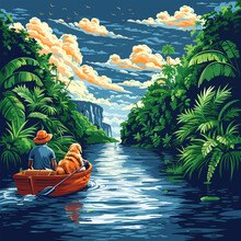 A Charming Graphic Of A Dog And Their Owner Enjoying A Scenic Boat Ride Along A Peaceful River, With Lush Greenery And Blue Skies All Around, Vector, Cartoon , T - Shirt Design