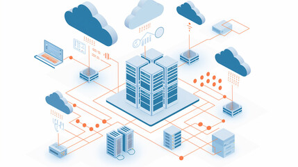 Isometric Illustration of Data Center Network, Blue and Orange Connectivity Concept