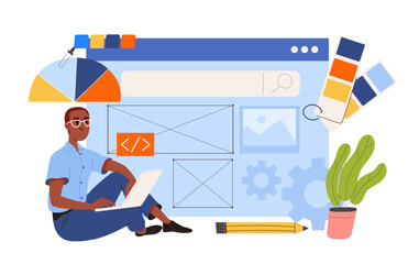 Wall Mural - man creates website. young guy with laptop design webpage. graphic designer and freelancer develop u