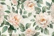 Delicate vintage floral pattern with watercolor peonies and green leaves in soft pastel colors, perfect for textiles and backgrounds, digital painting