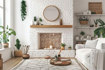 Wall Mural - Cozy Scandinavian living room interior with white brick fireplace and wood decor, interior design illustration