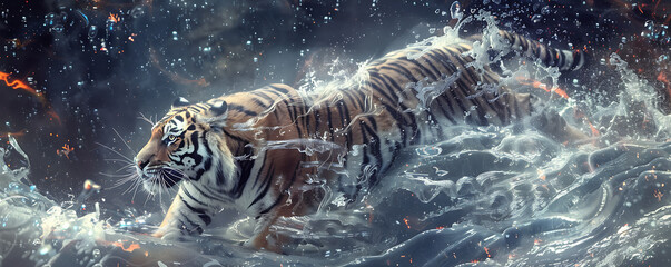 Wall Mural - majestic tiger in water splashes, running in ocean waves on dark night background