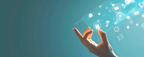 Wall Mural - A hand reaches out to touch a screen with digital icons flying around. computer technology banner wallpaper 