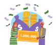 Lottery winners concept. Man and woman with golden check with billion dollars. Money bags and golden coins. Award and reward, prize. Cartoon flat vector illustration isolated on white background