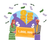 Fototapeta Londyn - Lottery winners concept. Man and woman with golden check with billion dollars. Money bags and golden coins. Award and reward, prize. Cartoon flat vector illustration isolated on white background
