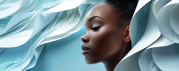 Wall Mural - model beautiful face brunette woman profile with fashion make-up on light blue wavy texture background stylish advertising banner